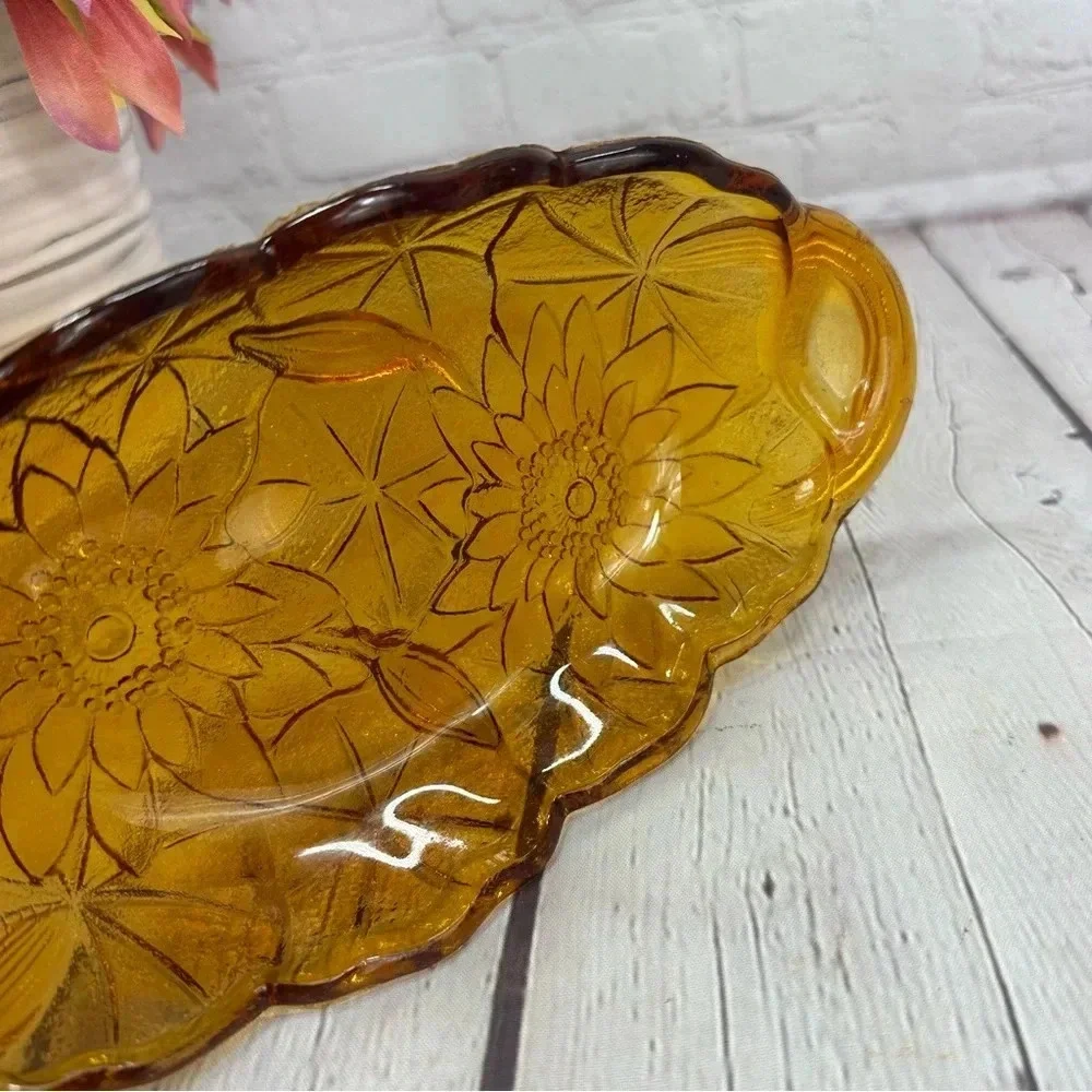 vintage indiana glass lily pons amber relish Dish cottagecore